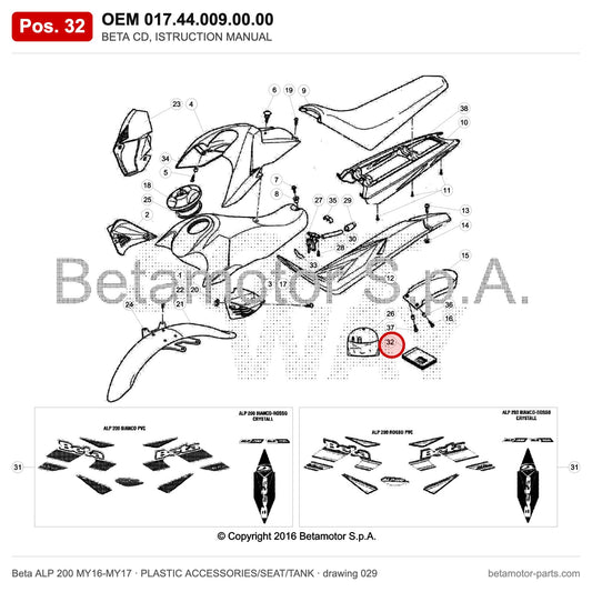 BETA CD, ISTRUCTION MANUAL – OEM 017.44.009.00.00, position 32 on the Beta ALP 200 MY16-MY17 plastic accessories/seat/tank drawing