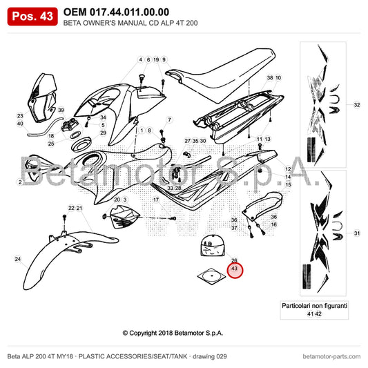 BETA OWNER'S MANUAL CD ALP 4T 200 – OEM 017.44.011.00.00, position 43 on the Beta ALP 200 4T MY18 plastic accessories/seat/tank drawing