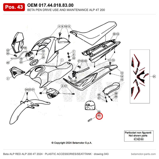 BETA PEN DRIVE USE AND MAINTENANCE ALP 4T 200 – OEM 017.44.018.83.00, position 43 on the Beta ALP RED ALP 200 4T 2024 plastic accessories/seat/tank drawing