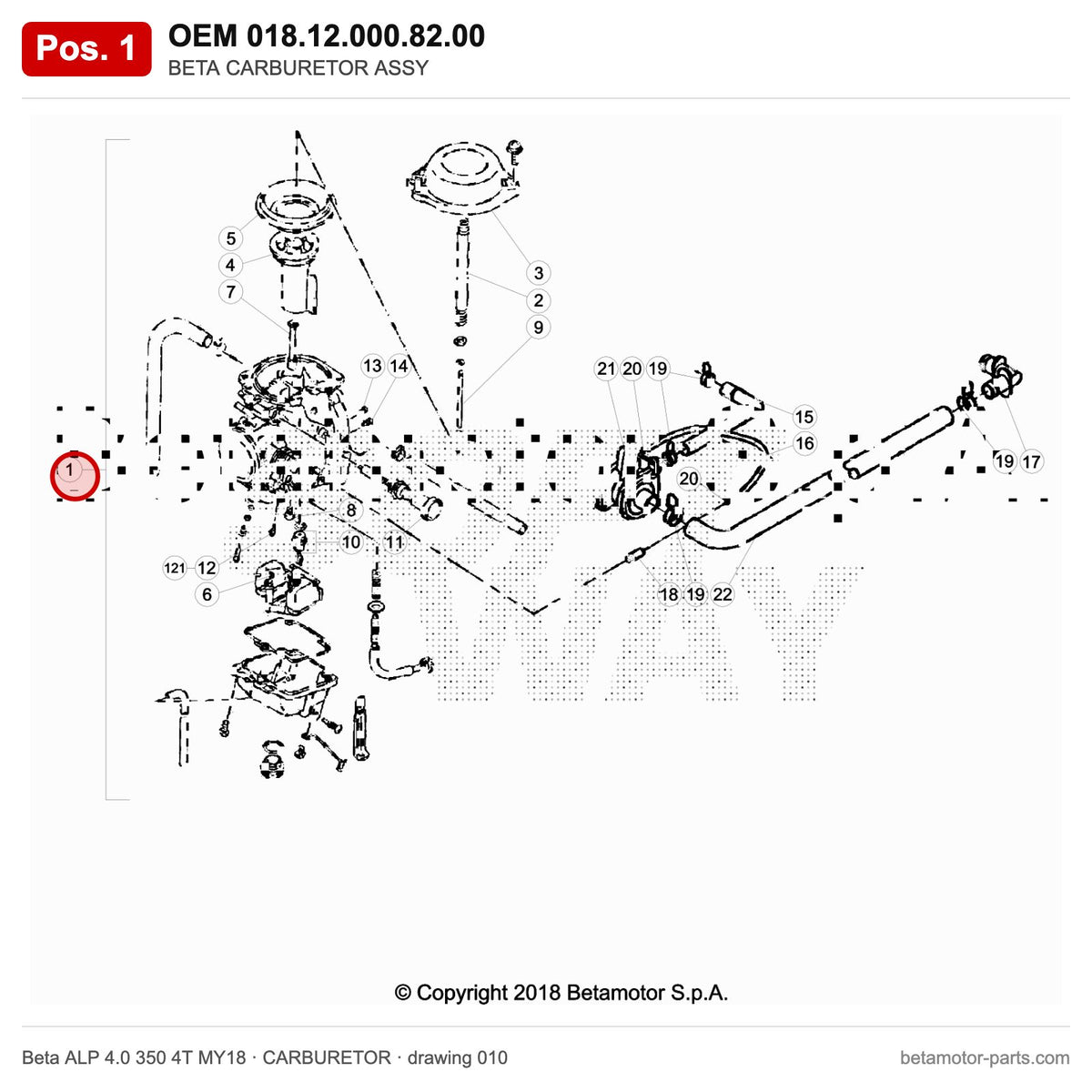 BETA CARBURETOR ASSY – OEM 018.12.000.82.00, position 1 on the Beta ALP 4.0 350 4T MY18 carburetor drawing