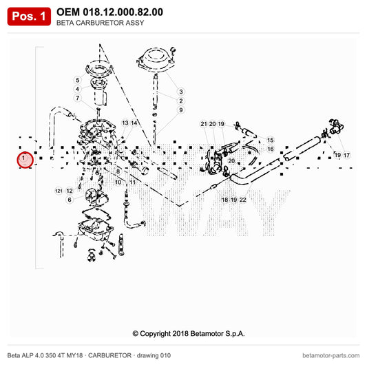 BETA CARBURETOR ASSY – OEM 018.12.000.82.00, position 1 on the Beta ALP 4.0 350 4T MY18 carburetor drawing