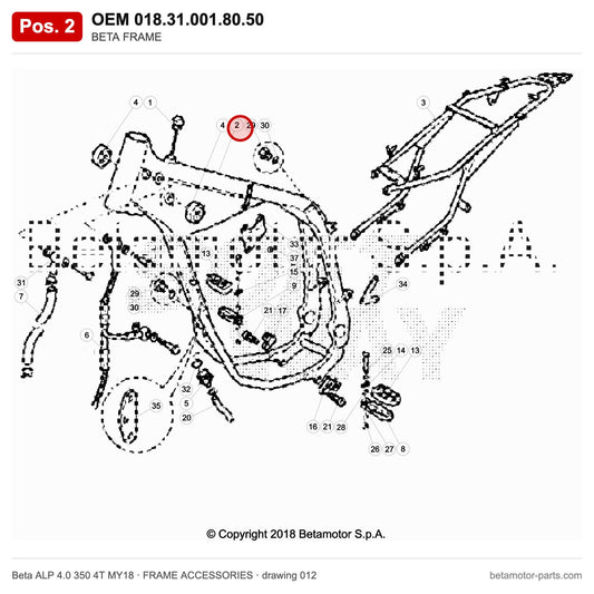BETA FRAME – OEM 018.31.001.80.50, position 2 on the Beta ALP 4.0 350 4T MY18 frame accessories drawing