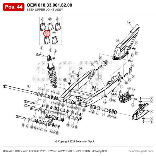 BETA UPPER JOINT ASSY. – OEM 018.33.001.82.00, position 44 on the Beta ALP GREY ALP X 350 4T 2025 swing arm/rear suspension drawing