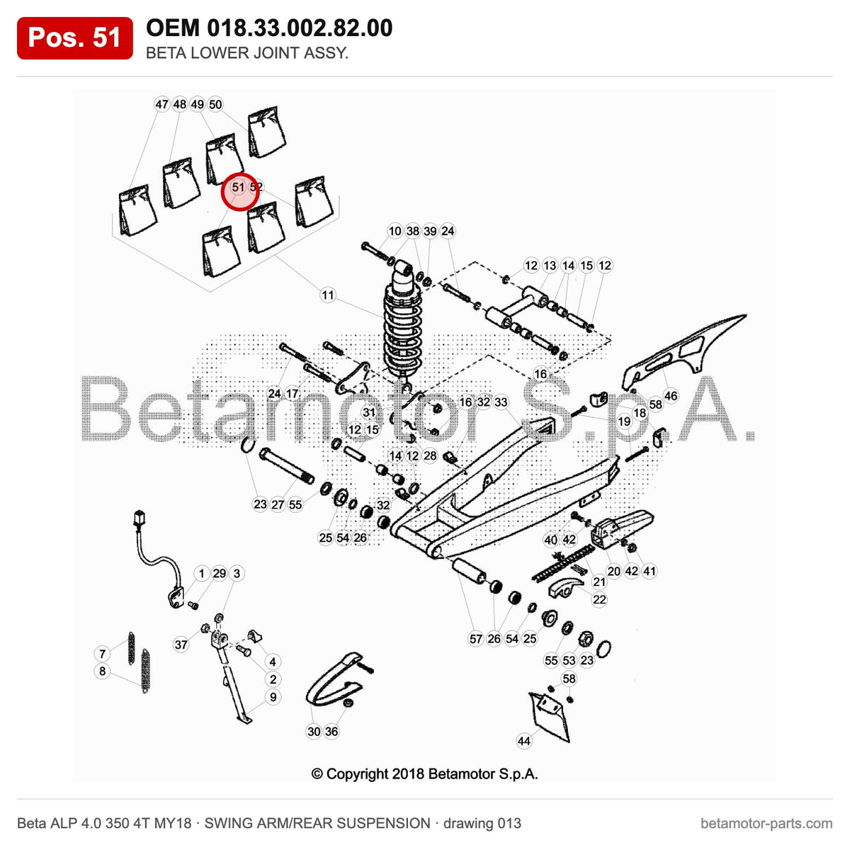 BETA LOWER JOINT ASSY. – OEM 018.33.002.82.00, position 51 on the Beta ALP 4.0 350 4T MY18 swing arm/rear suspension drawing