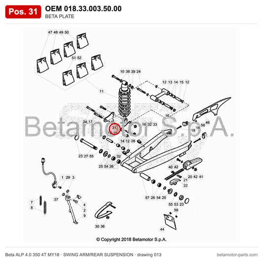 BETA PLATE – OEM 018.33.003.50.00, position 31 on the Beta ALP 4.0 350 4T MY18 swing arm/rear suspension drawing