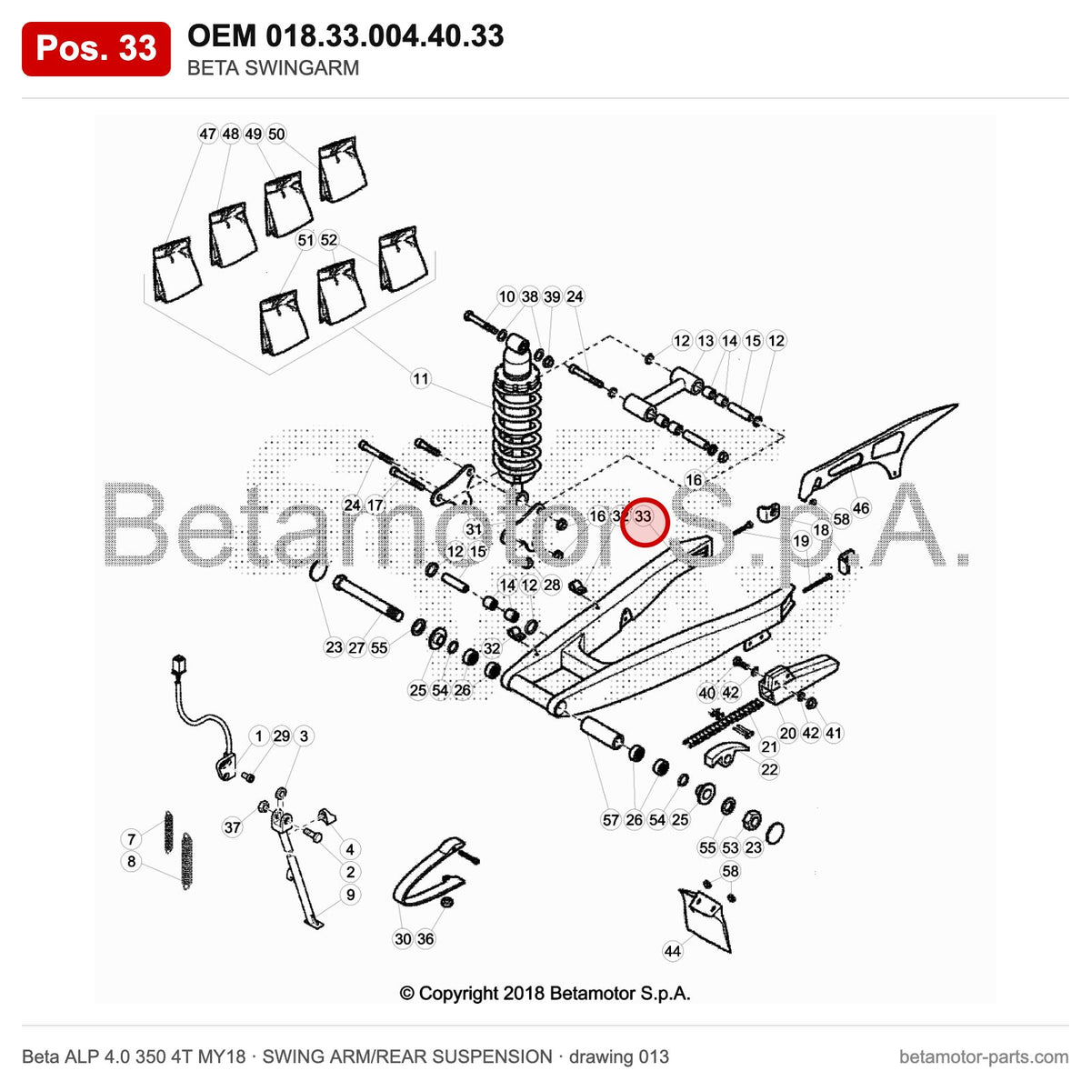 BETA SWINGARM – OEM 018.33.004.40.33, position 33 on the Beta ALP 4.0 350 4T MY18 swing arm/rear suspension drawing
