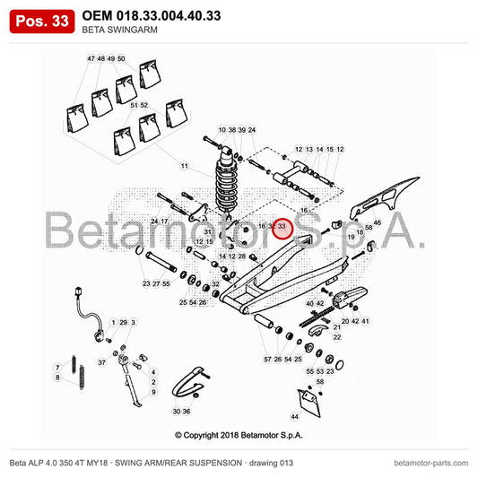 BETA SWINGARM – OEM 018.33.004.40.33, position 33 on the Beta ALP 4.0 350 4T MY18 swing arm/rear suspension drawing