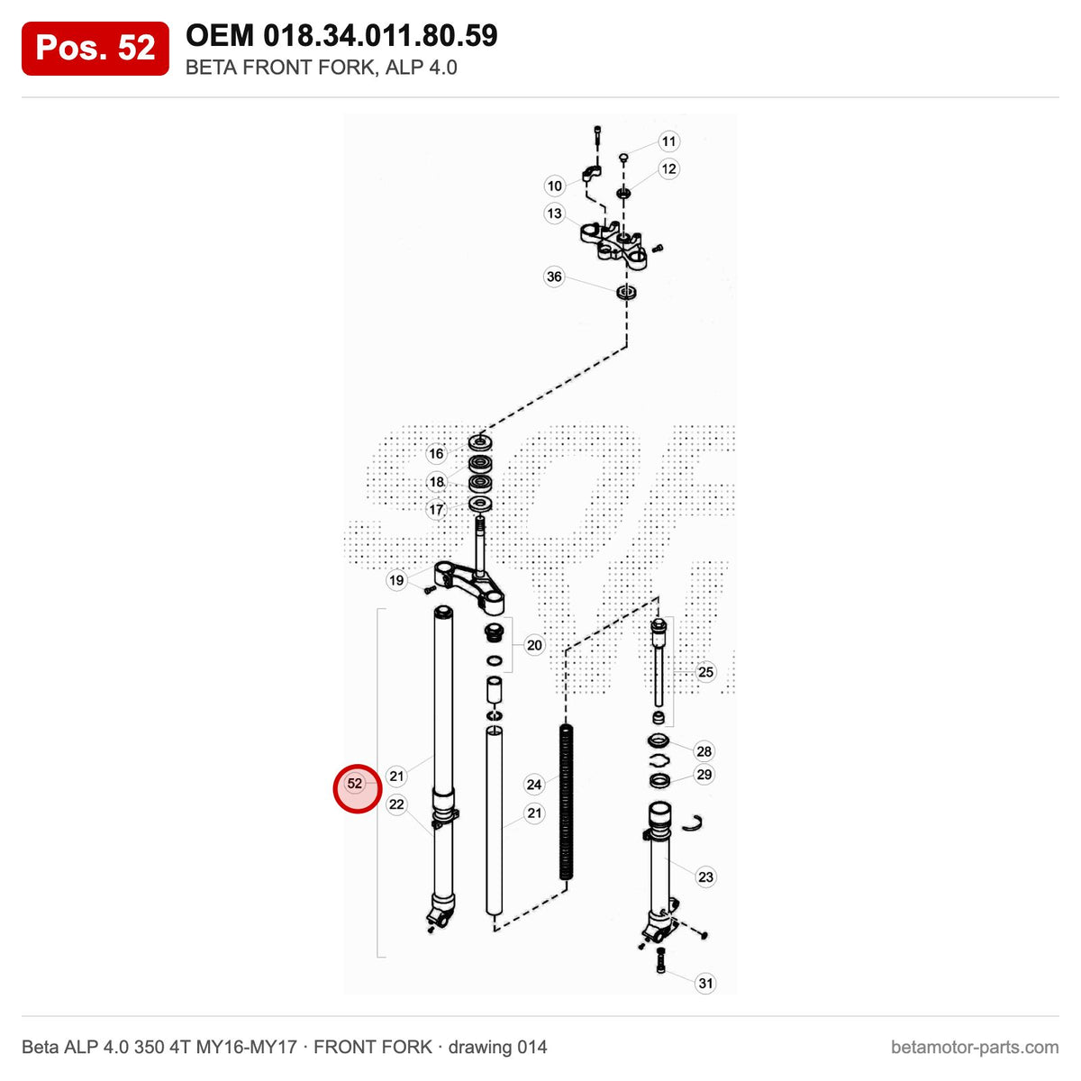 BETA FRONT FORK, ALP 4.0 – OEM 018.34.011.80.59, position 52 on the Beta ALP 4.0 350 4T MY16-MY17 front fork drawing
