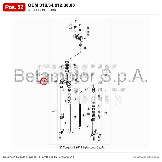 BETA FRONT FORK – OEM 018.34.012.80.00, position 52 on the Beta ALP 4.0 350 4T MY18 front fork drawing