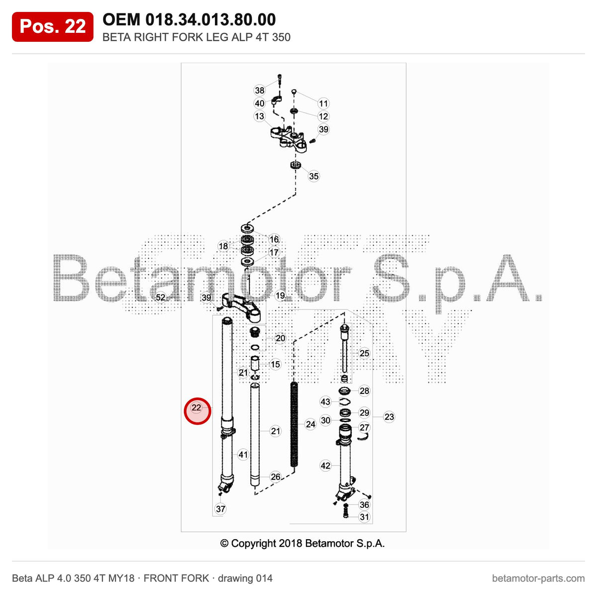 BETA RIGHT FORK LEG ALP 4T 350 – OEM 018.34.013.80.00, position 22 on the Beta ALP 4.0 350 4T MY18 front fork drawing