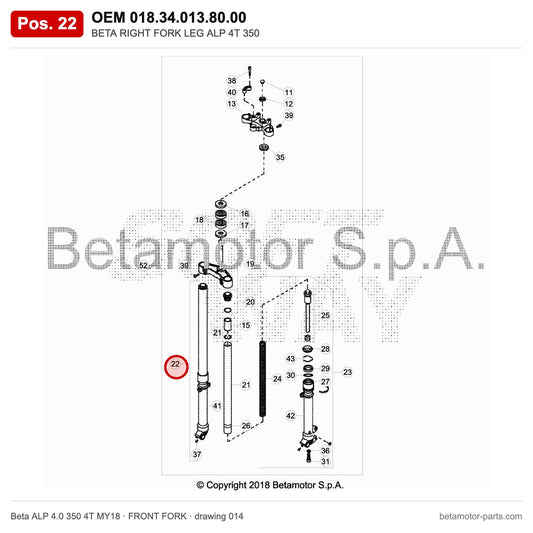 BETA RIGHT FORK LEG ALP 4T 350 – OEM 018.34.013.80.00, position 22 on the Beta ALP 4.0 350 4T MY18 front fork drawing