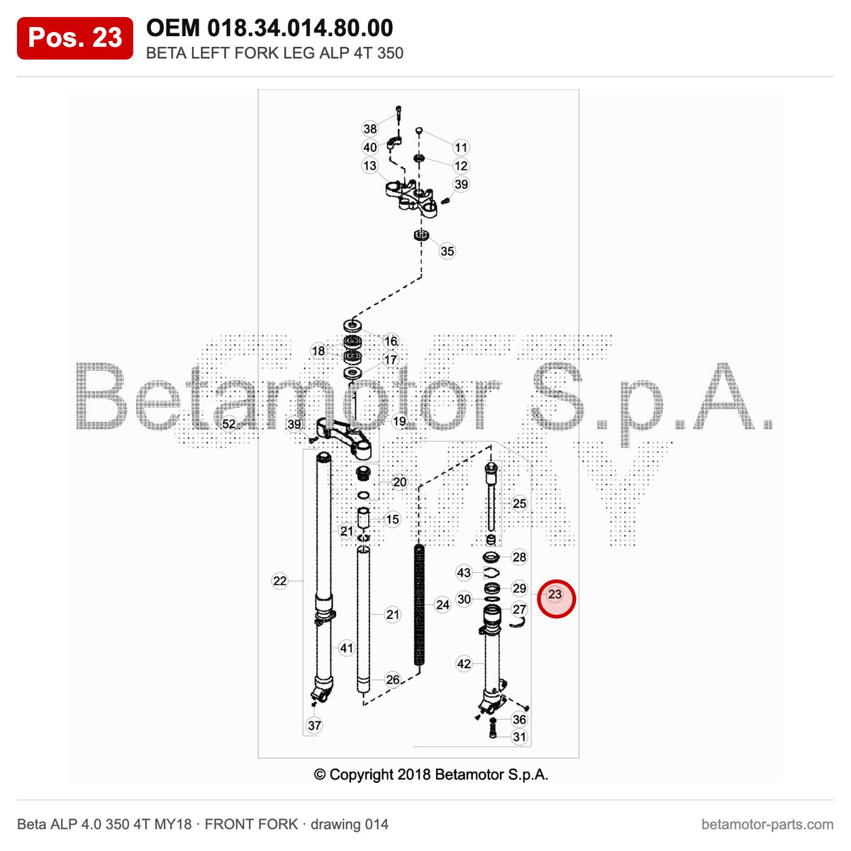 BETA LEFT FORK LEG ALP 4T 350 – OEM 018.34.014.80.00, position 23 on the Beta ALP 4.0 350 4T MY18 front fork drawing