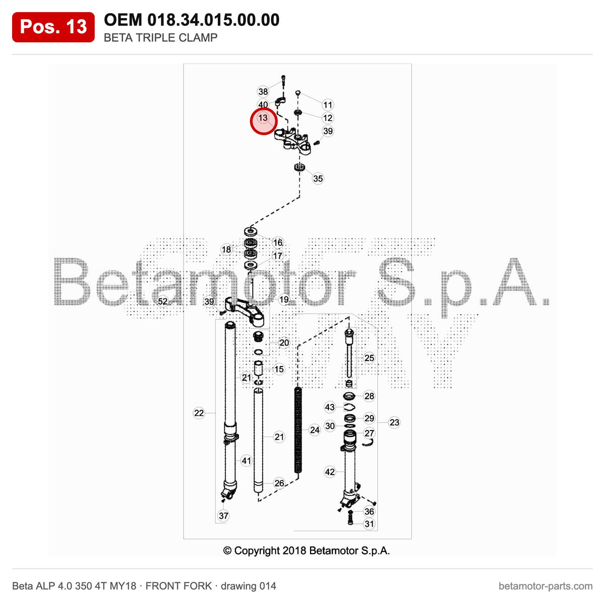 BETA TRIPLE CLAMP – OEM 018.34.015.00.00, position 13 on the Beta ALP 4.0 350 4T MY18 front fork drawing
