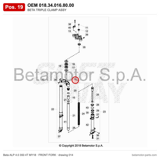 BETA TRIPLE CLAMP ASSY – OEM 018.34.016.80.00, position 19 on the Beta ALP 4.0 350 4T MY18 front fork drawing