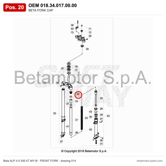 BETA FORK CAP – OEM 018.34.017.00.00, position 20 on the Beta ALP 4.0 350 4T MY18 front fork drawing