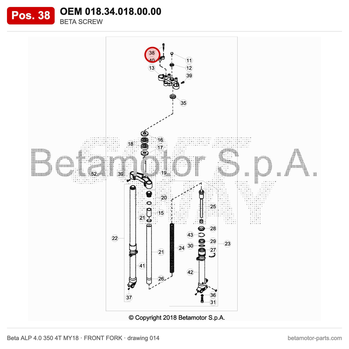 BETA SCREW – OEM 018.34.018.00.00, position 38 on the Beta ALP 4.0 350 4T MY18 front fork drawing