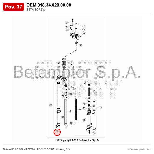 BETA SCREW – OEM 018.34.020.00.00, position 37 on the Beta ALP 4.0 350 4T MY18 front fork drawing