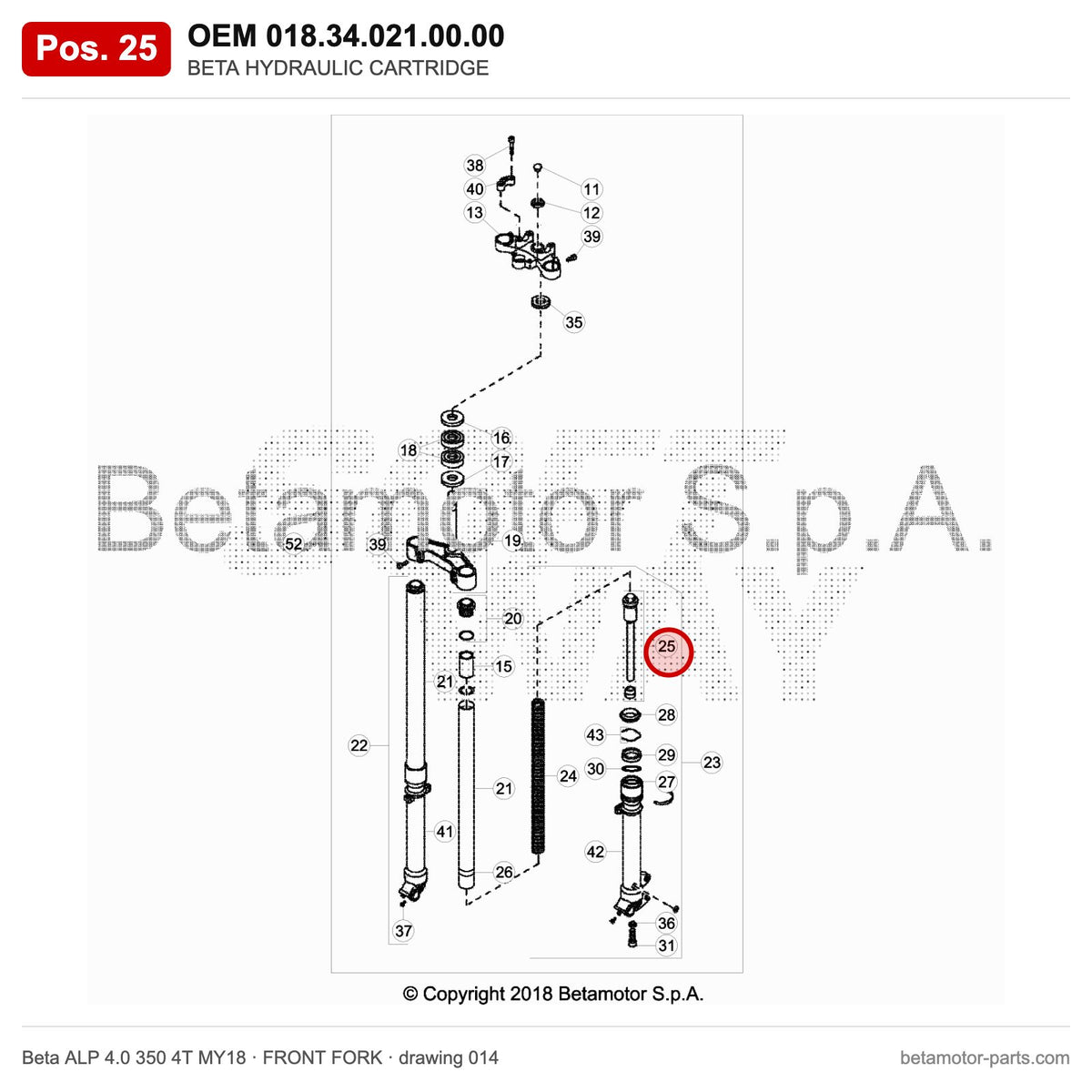 BETA HYDRAULIC CARTRIDGE – OEM 018.34.021.00.00, position 25 on the Beta ALP 4.0 350 4T MY18 front fork drawing