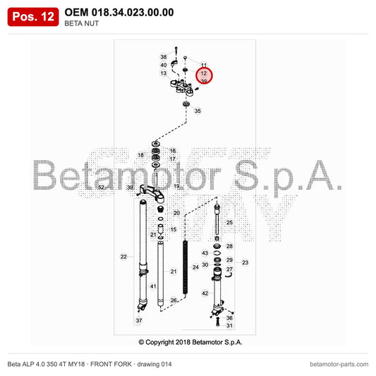 BETA NUT – OEM 018.34.023.00.00, position 12 on the Beta ALP 4.0 350 4T MY18 front fork drawing