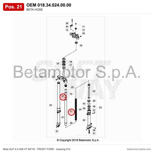 BETA HOSE – OEM 018.34.024.00.00, position 21 on the Beta ALP 4.0 350 4T MY18 front fork drawing