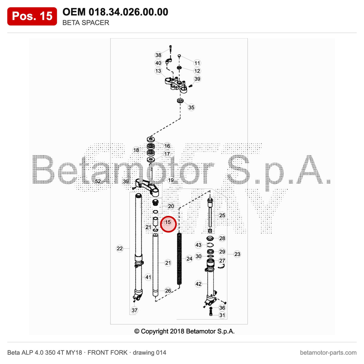 BETA SPACER – OEM 018.34.026.00.00, position 15 on the Beta ALP 4.0 350 4T MY18 front fork drawing