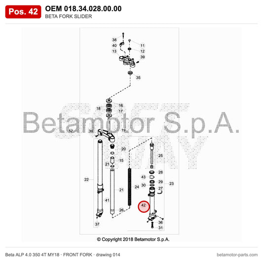 BETA FORK SLIDER – OEM 018.34.028.00.00, position 42 on the Beta ALP 4.0 350 4T MY18 front fork drawing