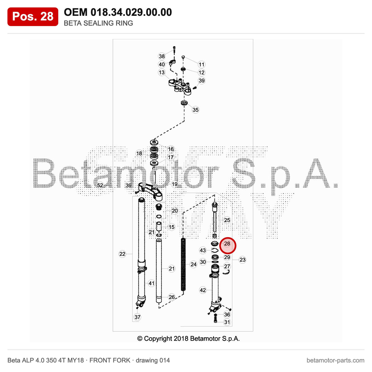 BETA SEALING RING – OEM 018.34.029.00.00, position 28 on the Beta ALP 4.0 350 4T MY18 front fork drawing