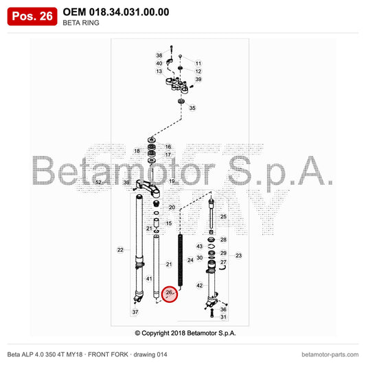 BETA RING – OEM 018.34.031.00.00, position 26 on the Beta ALP 4.0 350 4T MY18 front fork drawing