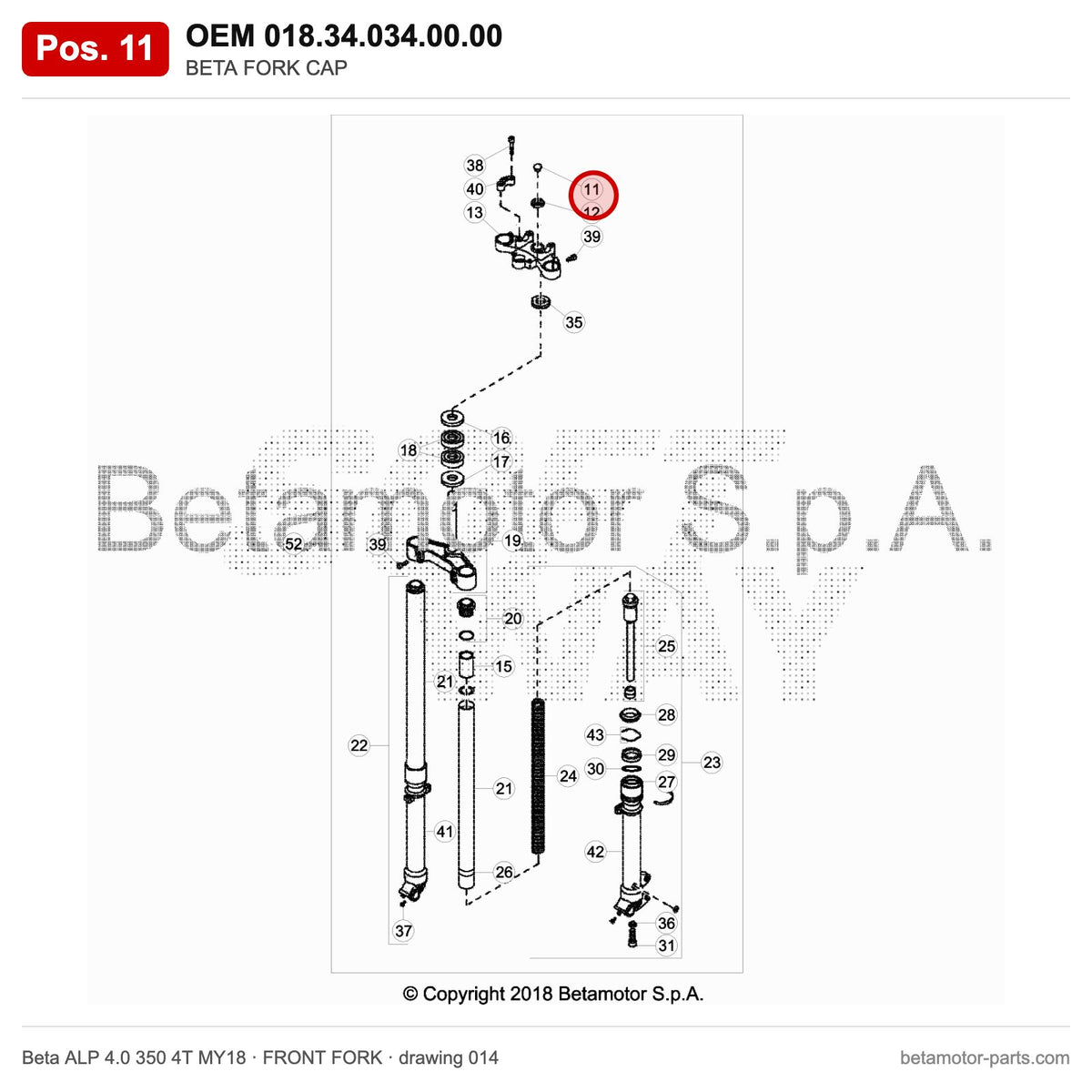 BETA FORK CAP – OEM 018.34.034.00.00, position 11 on the Beta ALP 4.0 350 4T MY18 front fork drawing