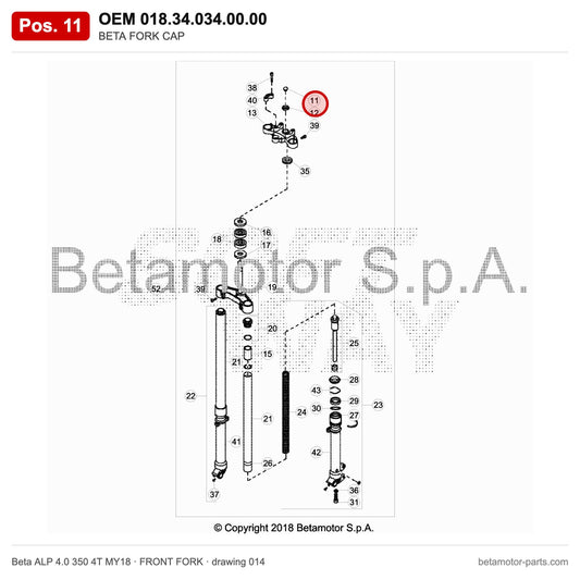 BETA FORK CAP – OEM 018.34.034.00.00, position 11 on the Beta ALP 4.0 350 4T MY18 front fork drawing