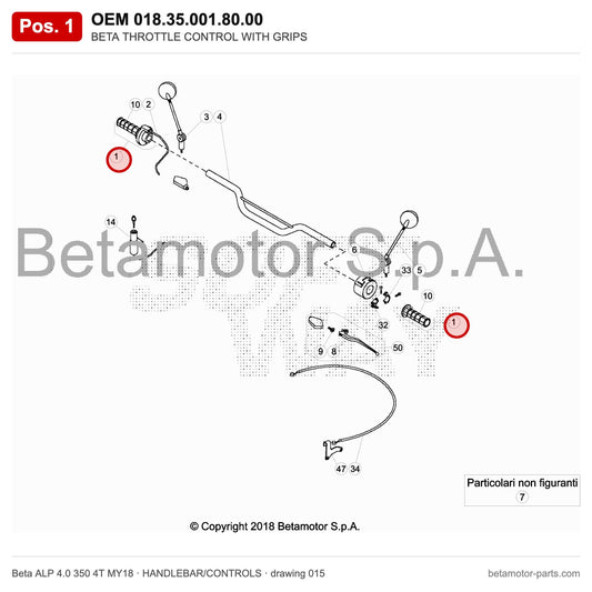 BETA THROTTLE CONTROL WITH GRIPS – OEM 018.35.001.80.00, position 1 on the Beta ALP 4.0 350 4T MY18 handlebar/controls drawing