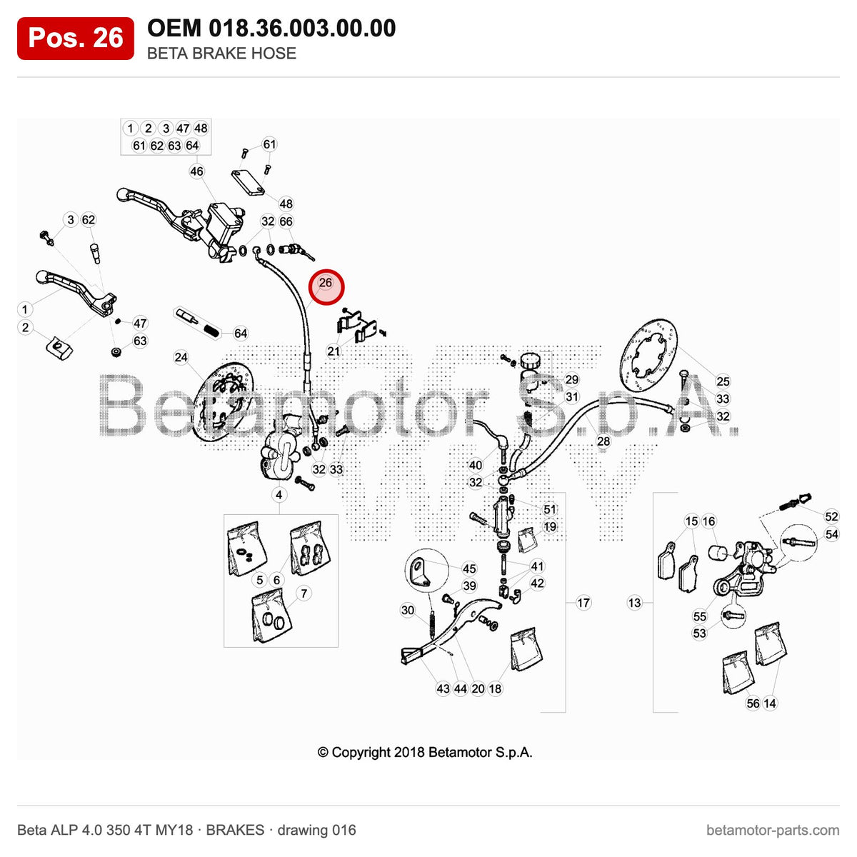 BETA BRAKE HOSE – OEM 018.36.003.00.00, position 26 on the Beta ALP 4.0 350 4T MY18 brakes drawing