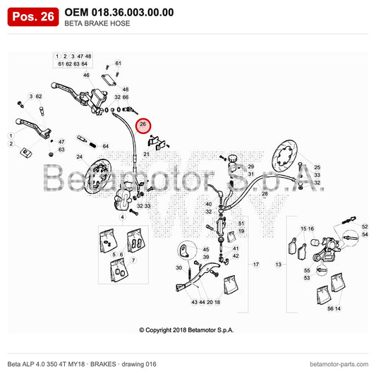 BETA BRAKE HOSE – OEM 018.36.003.00.00, position 26 on the Beta ALP 4.0 350 4T MY18 brakes drawing