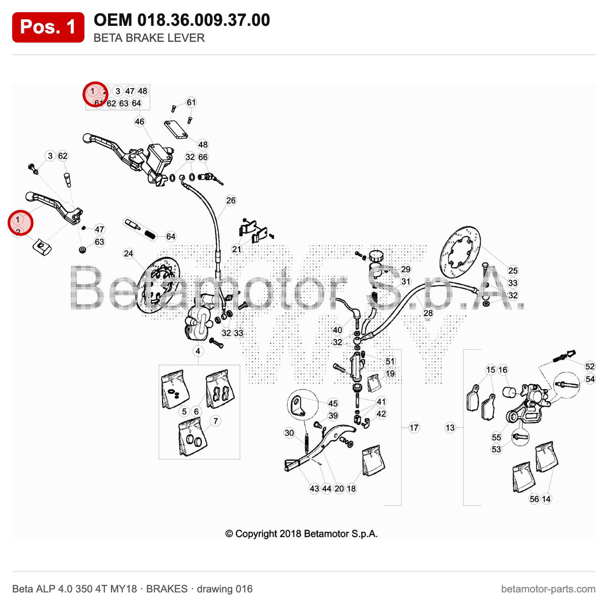 BETA BRAKE LEVER – OEM 018.36.009.37.00, position 1 on the Beta ALP 4.0 350 4T MY18 brakes drawing