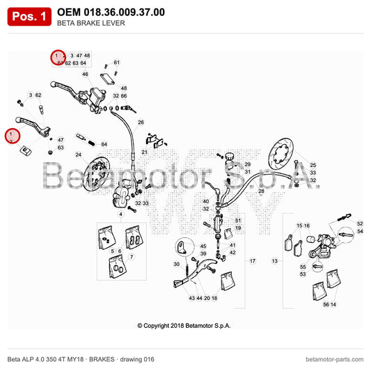 BETA BRAKE LEVER – OEM 018.36.009.37.00, position 1 on the Beta ALP 4.0 350 4T MY18 brakes drawing
