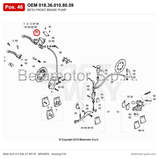 BETA FRONT BRAKE PUMP – OEM 018.36.010.80.59, position 46 on the Beta ALP 4.0 350 4T MY18 brakes drawing