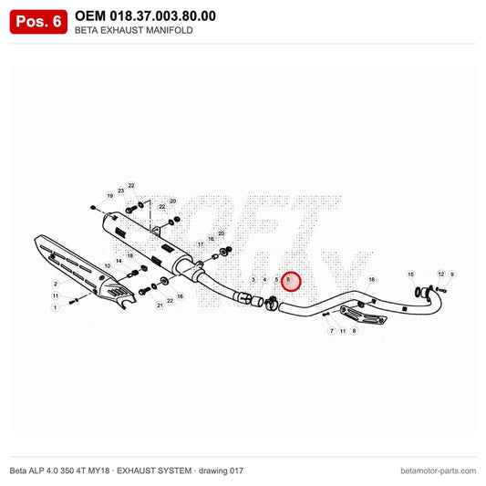BETA EXHAUST MANIFOLD – OEM 018.37.003.80.00, position 6 on the Beta ALP 4.0 350 4T MY18 exhaust system drawing