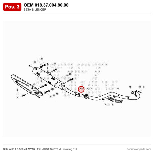 BETA SILENCER – OEM 018.37.004.80.00, position 3 on the Beta ALP 4.0 350 4T MY18 exhaust system drawing