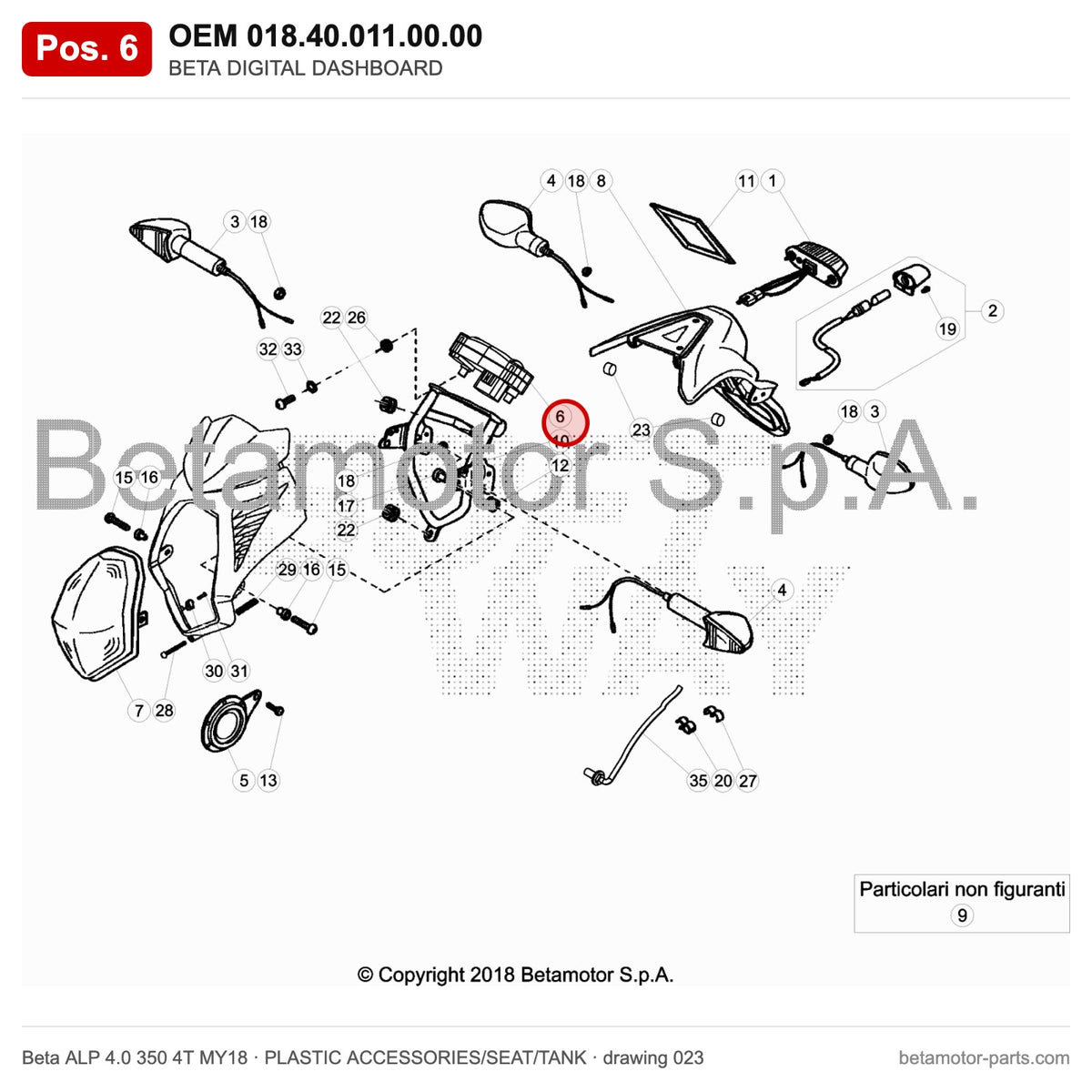 BETA DIGITAL DASHBOARD – OEM 018.40.011.00.00, position 6 on the Beta ALP 4.0 350 4T MY18 plastic accessories/seat/tank drawing