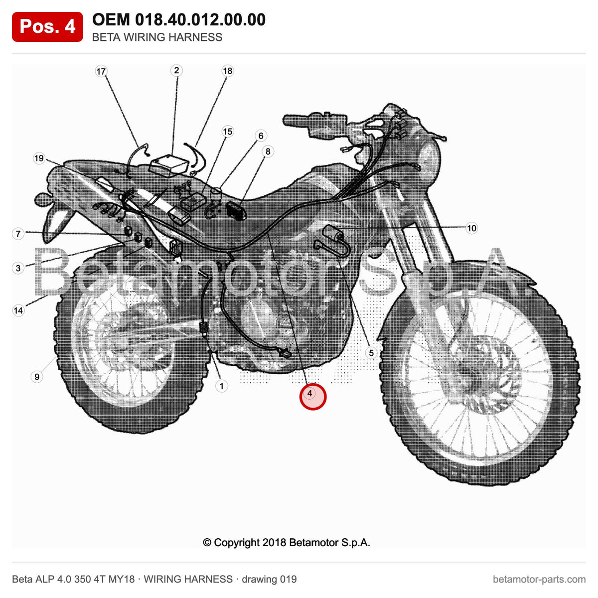 BETA WIRING HARNESS – OEM 018.40.012.00.00, position 4 on the Beta ALP 4.0 350 4T MY18 wiring harness drawing