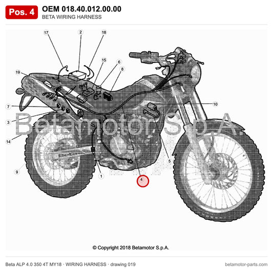 BETA WIRING HARNESS – OEM 018.40.012.00.00, position 4 on the Beta ALP 4.0 350 4T MY18 wiring harness drawing