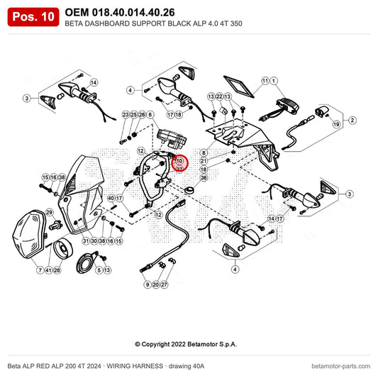 BETA DASHBOARD SUPPORT BLACK ALP 4.0 4T 350 – OEM 018.40.014.40.26, position 10 on the Beta ALP RED ALP 200 4T 2024 wiring harness drawing