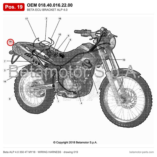 BETA ECU BRACKET ALP 4.0 – OEM 018.40.016.22.00, position 19 on the Beta ALP 4.0 350 4T MY18 wiring harness drawing
