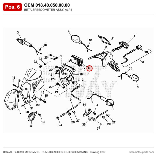 BETA SPEEDOMETER ASSY, ALP4 – OEM 018.40.050.00.00, position 6 on the Beta ALP 4.0 350 MY07-MY13 plastic accessories/seat/tank drawing