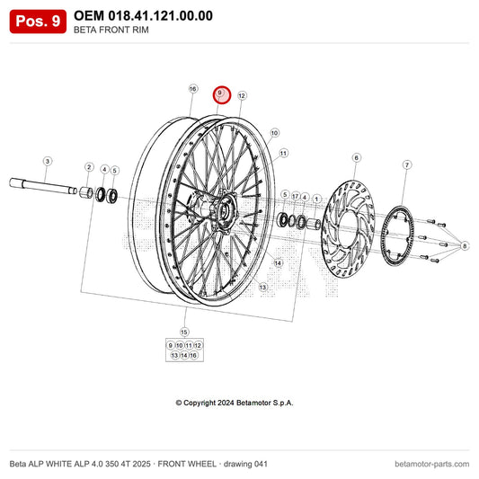 BETA FRONT RIM – OEM 018.41.121.00.00, position 9 on the Beta ALP WHITE ALP 4.0 350 4T 2025 front wheel drawing