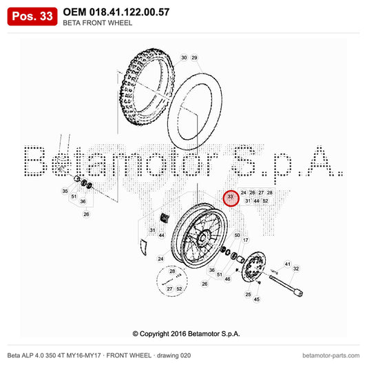 BETA FRONT WHEEL – OEM 018.41.122.00.57, position 33 on the Beta ALP 4.0 350 4T MY16-MY17 front wheel drawing