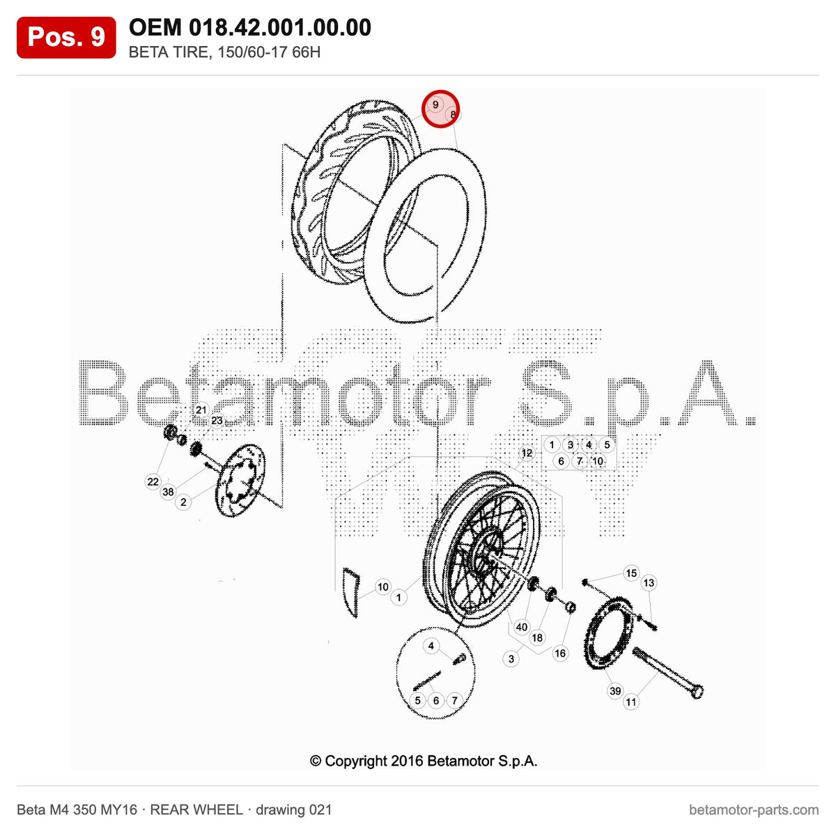 BETA TIRE, 150/60-17 66H – OEM 018.42.001.00.00, position 9 on the Beta M4 350 MY16 rear wheel drawing