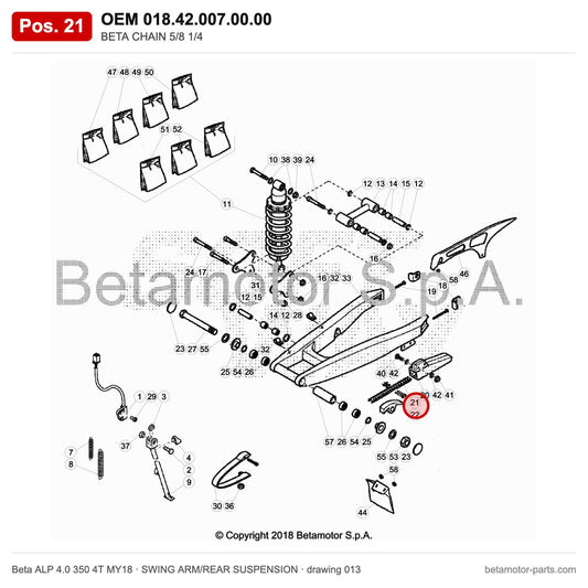 BETA CHAIN 5/8 1/4 – OEM 018.42.007.00.00, position 21 on the Beta ALP 4.0 350 4T MY18 swing arm/rear suspension drawing