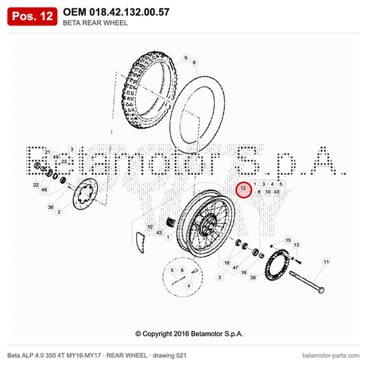 BETA REAR WHEEL – OEM 018.42.132.00.57, position 12 on the Beta ALP 4.0 350 4T MY16-MY17 rear wheel drawing