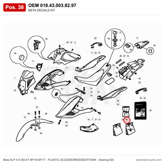 BETA DECALS KIT – OEM 018.43.003.82.97, position 38 on the Beta ALP 4.0 350 4T MY16-MY17 plastic accessories/seat/tank drawing